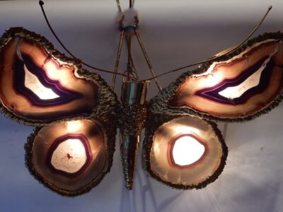1970' Wall Lamp Butterfly Signed Isabelle Faure With Wings Agates 51 X 63 CM