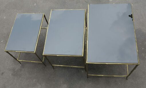 1950/70 Series of 3 Nested Tables Model Bamboo with Black Opaline Maison Baguès - Image 2