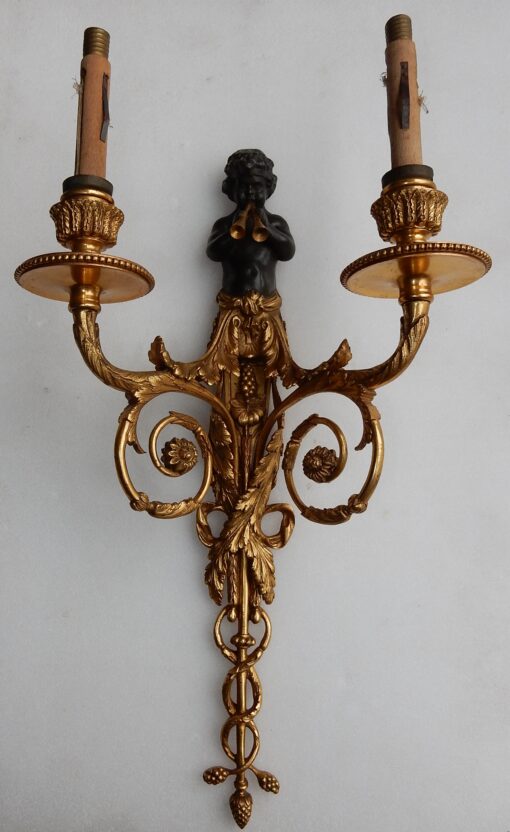 1900 'Pair Of Sconces With Two Arms Of Light Louis XVI Style Gilt Bronze After A Model Jean HAURE Decor Busts Children Musicians - Image 7