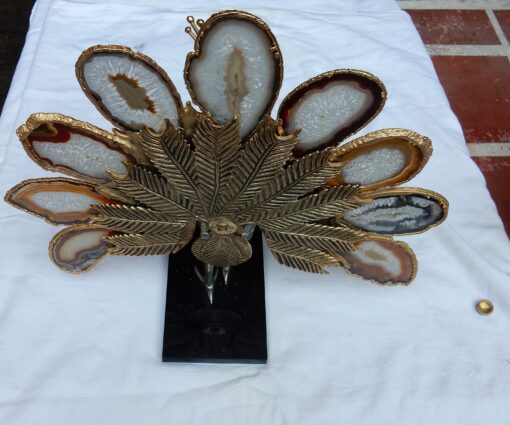 1970' Paon en bronze doré faisant la roue , orné de 8 agates – Image 3