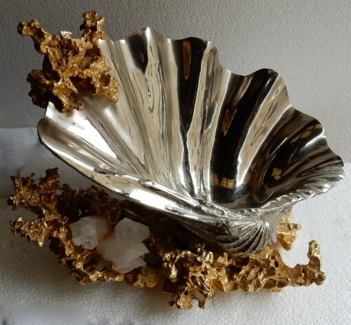 1970/80' Coupe Bénitier Par Claude Victor Boeltz Bronze Argenté et Doré Avec Cristal de Roche – Image 3