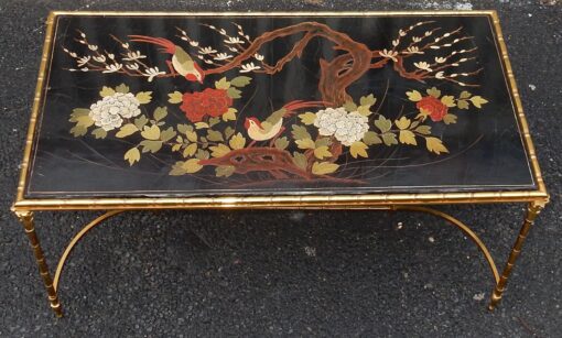 1950/70' Table Basse Bronze Décor Palmier, Plateau Laque de Chine Style Maison Baguès – Image 5