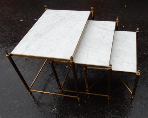 1970' Nested Side Tables Maison Baguès, With 3 Marble Trays, Fluted Feet and Pine Cone Tops