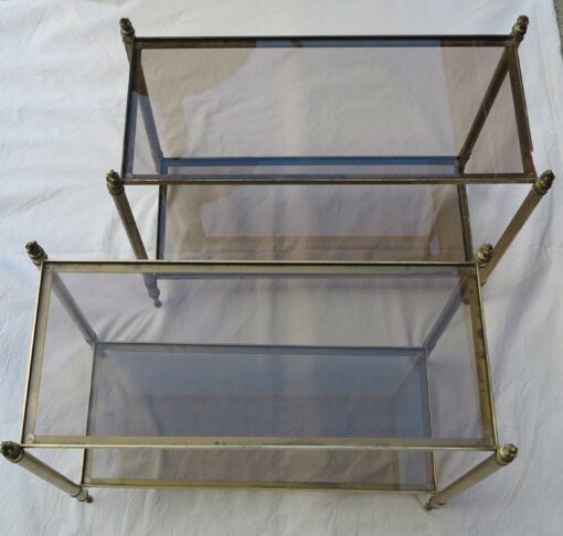1950/70 Pair of Rectangular Ends of Sofa Maison Baguès Brass and Bronze Trays Glasses Smoked with Olympic Flames