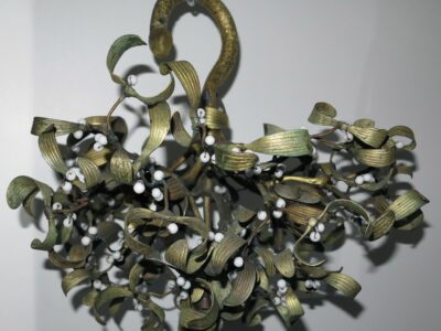 1900' Ball of Mistletoe Art Nouveau Bronze has 4 Bulbs and Pearls Opaline