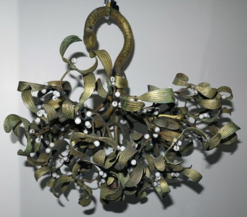 1900' Ball of Mistletoe Art Nouveau Bronze has 4 Bulbs and Pearls Opaline