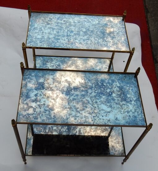 1950/70' Paire De Bouts De Canapé Maison Baguès Laiton et Bronze Plateaux Miroirs Flammes Olympiques 69X39 cm