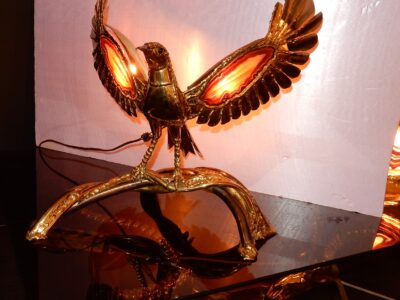 1970' Lamp with Bird in Brass or Bronze with Agate by  Isabelle Faure
