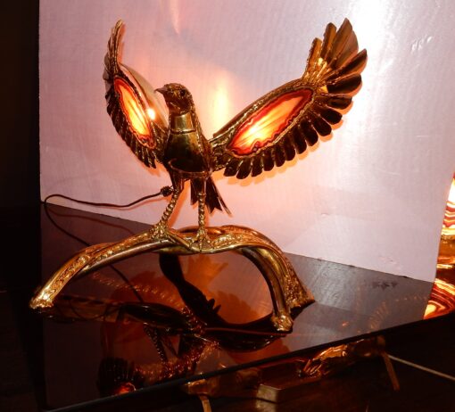 1970' Lampe a L Oiseau en Laiton Avec Agates Par Isabelle Faure