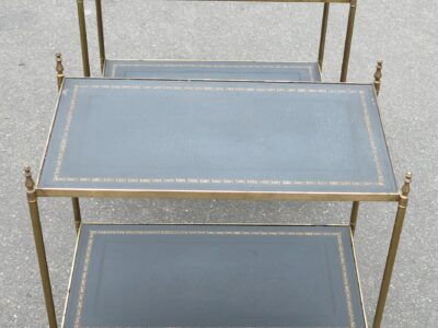 1970' Pair of Shelf or Side Table in Brass Maison Bagués 2 Tray with Black Leather and gilted grecs deco 57 X 32 cm