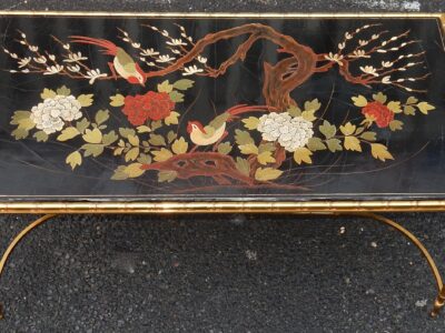 1950/70' Table Basse Bronze Décor Palmier, Plateau Laque de Chine Style Maison Baguès
