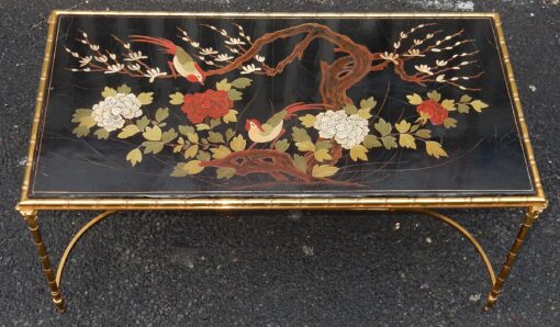 1950/70' Table Basse Bronze Décor Palmier, Plateau Laque de Chine Style Maison Baguès