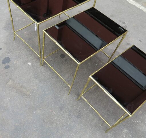 1950/70 Series of 3 Nested Tables Model Bamboo with Black Opaline Maison Baguès - Image 4