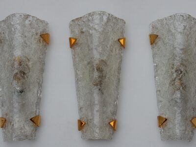 1960/70' Série de 3 Appliques en Verre de Murano Avec Griffes en Laiton Doré