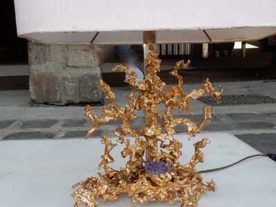 1970 'Pair Of Coral Decor Lamps Gilt Bronze And Amethyst By Boeltz