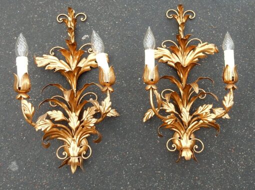 1970'  Paire d'Appliques Fer Doré Fleurs et Feuillage à 2 Ampoules – Image 5