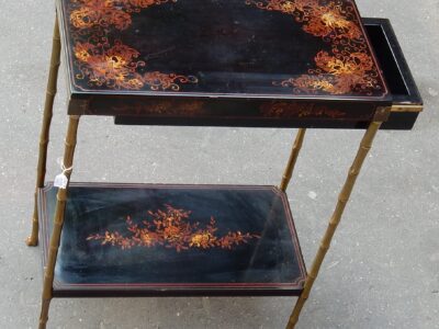 1950/70' Table a Tiroir Bronze Décor Bambou, Plateau Laque de Chine St Maison Baguès 48 X 25 cm