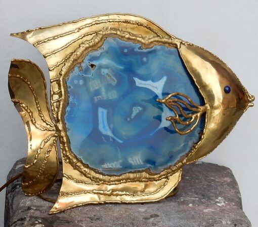1970' Lampe Poisson  En Laiton Avec Agate Bleue Style Duval Brasseur Éclairante – Image 2