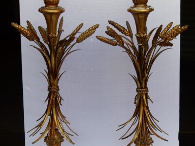 1950/70 Pair of Golden Wood Lamps With Sheaf of Wheat