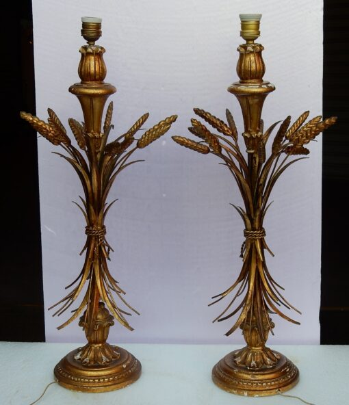 1950/70 Paire de Lampes en Bois Doré Avec Gerbe de Blé