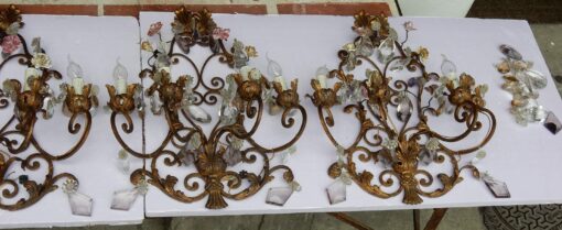 1900' Series of 4 Wall Lamps has 4 Arms of Light N3 With Ceramic Flowers - Image 3