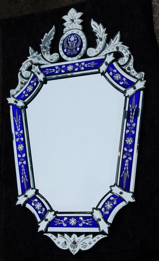 1950/70 'Mirror Venice Octagonal with Blue Glass Adorned with Flowers