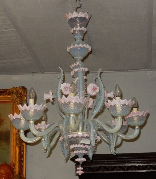 1950/70' Paire de Lustres Murano Bleu Opalescent  8 Bras de Lumiére Et 4 Appliques – Image 5
