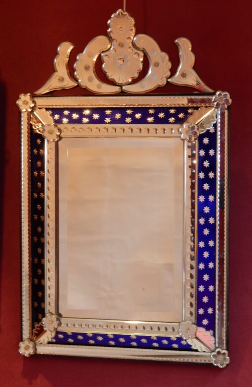 1940/50 ' Miroir N3 Venise Rectangulaire à Fronton Avec Cadre en Verre Bleu Orné D Etoiles Argentées  Centre Biseauté