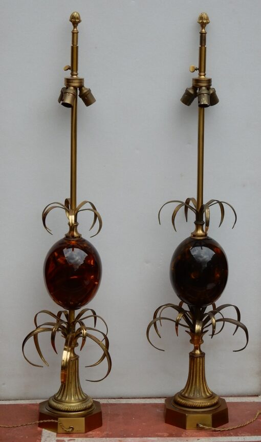 1950/70 Pair of Bronze Lamps and Egg Amber Way Signed  Charles - Image 2