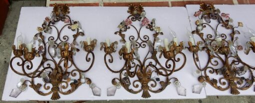 1900' Series of 4 Wall Lamps has 4 Arms of Light N3 With Ceramic Flowers - Image 4