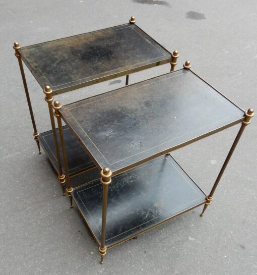 1950-70 'Pair of Bronze Sofa Tables Maison Baguès and 2 trays Sheath Black Gilded Leather 53 X 33 cm