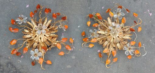1970' Pair Of  Ceiling Light or Wall Lamp with Flowers and Leaves in the Style of Maison Bagués With Orange Color Leaves - Image 3