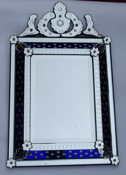 1940/50 ' Miroir N3 Venise Rectangulaire à Fronton Avec Cadre en Verre Bleu Orné D Etoiles Argentées  Centre Biseauté – Image 2