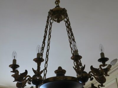 1900 ' Chandelier   in the style of empire bronze golden and green patina swan
