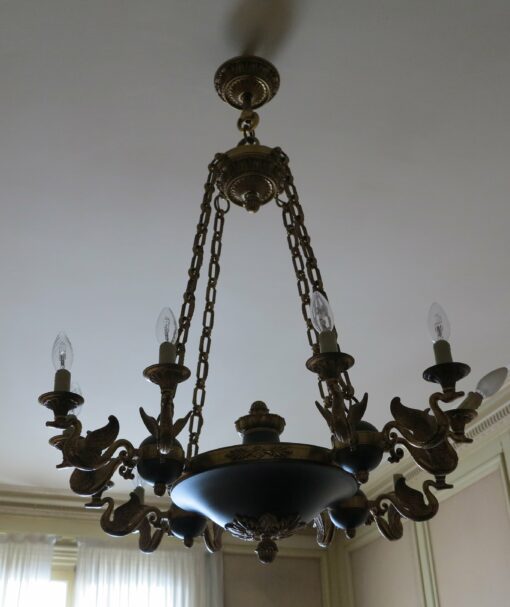 1900 ' Chandelier   in the style of empire bronze golden and green patina swan