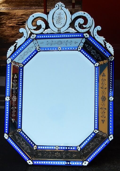 1880 'Mirror Venice octagonal has pediment birds with blue glass barrettes adorned with bubbles