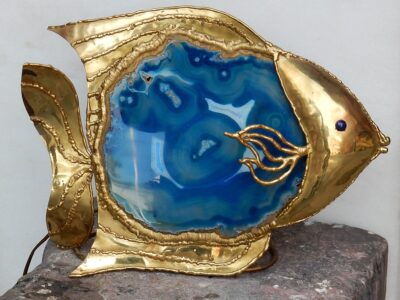 1970' Lampe Poisson  En Laiton Avec Agate Bleue Style Duval Brasseur Éclairante
