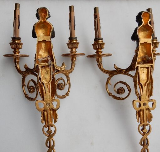 1900 'Pair Of Sconces With Two Arms Of Light Louis XVI Style Gilt Bronze After A Model Jean HAURE Decor Busts Children Musicians - Image 5