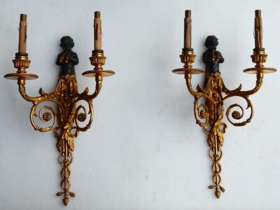 1900 'Pair Of Sconces With Two Arms Of Light Louis XVI Style Gilt Bronze After A Model Jean HAURE Decor Busts Children Musicians
