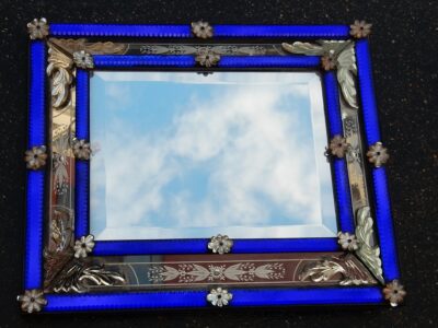 1850'  Mirror Venice rectangular with blue glass  adorned with flowers