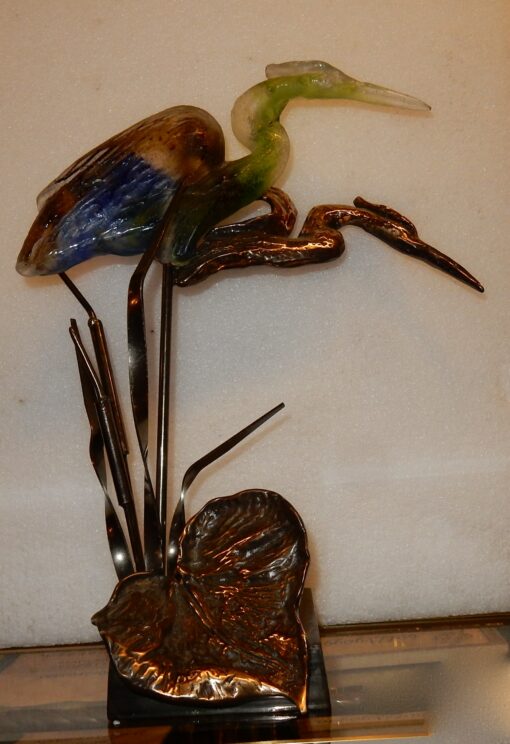 1970/80 Bronze heron and pate de verre  , signed LOHE