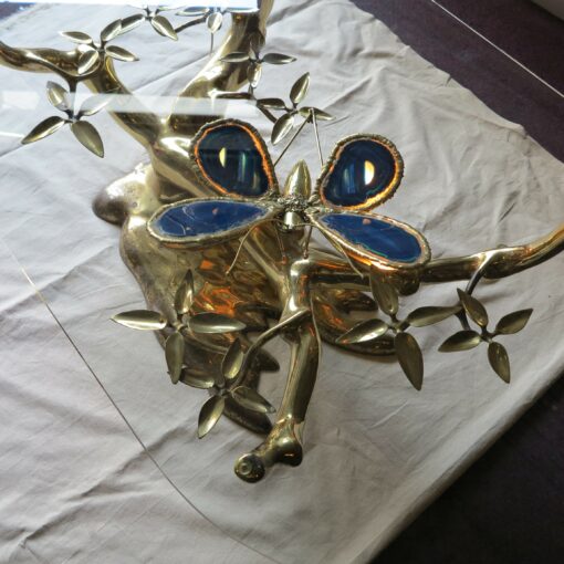 1970' Lighting Coffee table in the Bonsai on golden bronze sand dune Willy  Daro or Duval Brasseur with butterfly in bronze  and fly in blue agate - Image 5