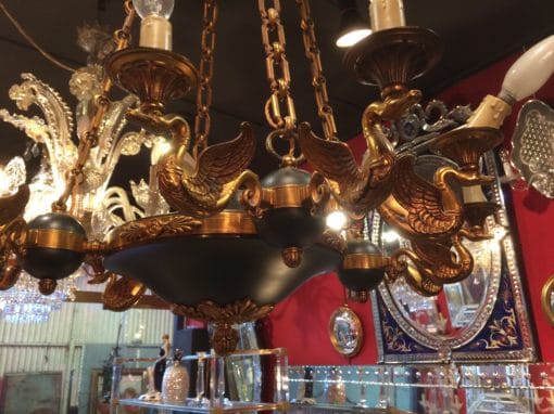 1900 ' Chandelier   in the style of empire bronze golden and green patina swan - Image 6