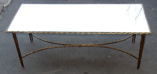 1950/70' Table Basse en Bronze Doré Décor Palmier Maison Charles 112 X 47 cm Double Montant