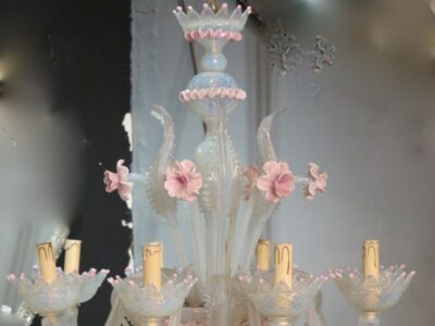 Murano chandelier has 8 blue glass lights opalescent and pink molten glass