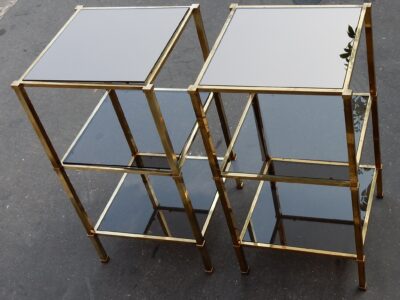 1970' Paire D'Étagères Guy Lefevre en Laiton Avec Vitres Fumées et Miroirs