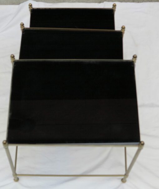 1950/70 Series of 3 Nesting gilted bronze tables  top black opaline entretoise in X - Image 5