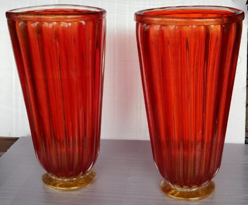 1970' Paire de Vases Cristal Murano Rouge et Or Toso Signés – Image 7