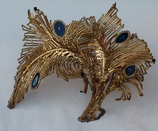 1970' Table Basse Eclairante Laiton Doré Fougéres Avec Agates Bleues Style Duval Brasseur – Image 5