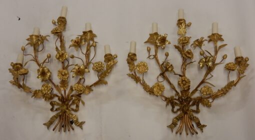 1880' Paire d'Appliques en Bronze Doré à Décor Floral 5 Bras de Lumière – Image 6